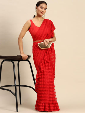 Ahalyaa Striped Net Ready To Wear Saree with Stitched Blouse - Red