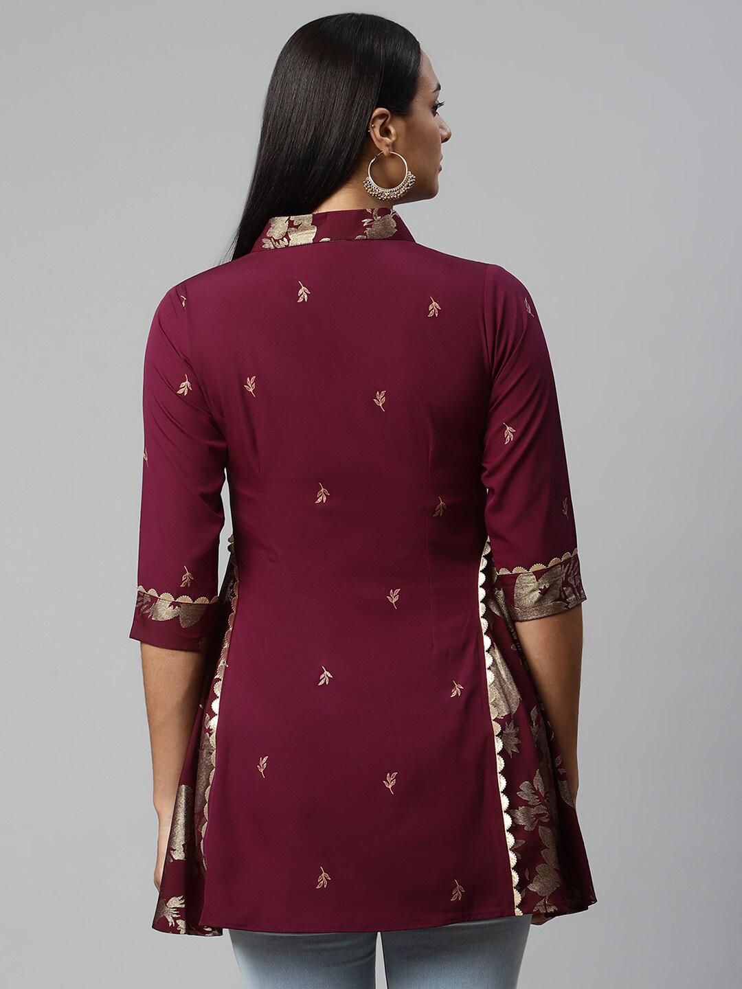 Ahalyaa Burgundy & Gold-Toned Shirt Collar Printed Tunic