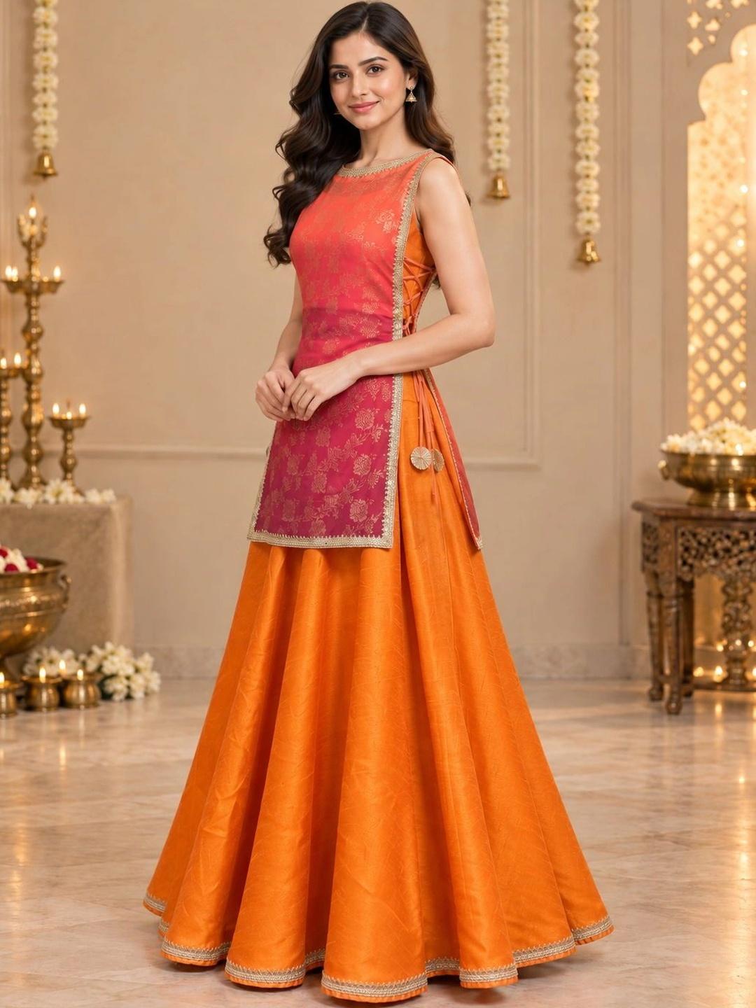 Ahalyaa Floral Woven Design Top with Skirt & Shrug - Orange