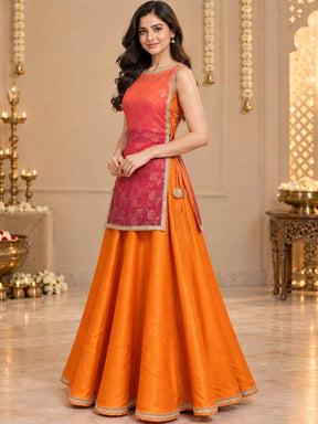 Ahalyaa Floral Woven Design Top with Skirt & Shrug - Orange
