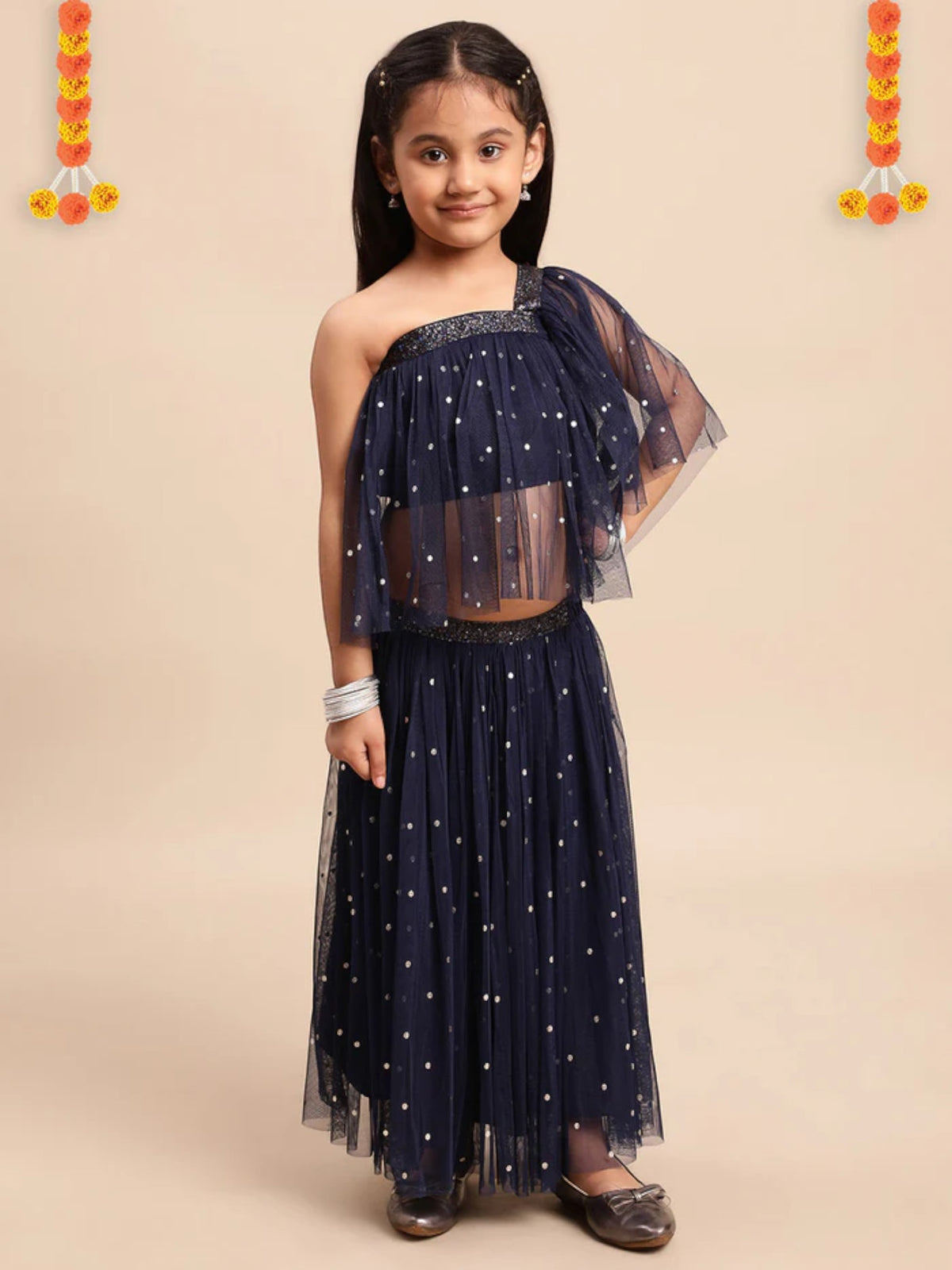 Navy Blue Net Asymmetric Girl's Kurta Sets