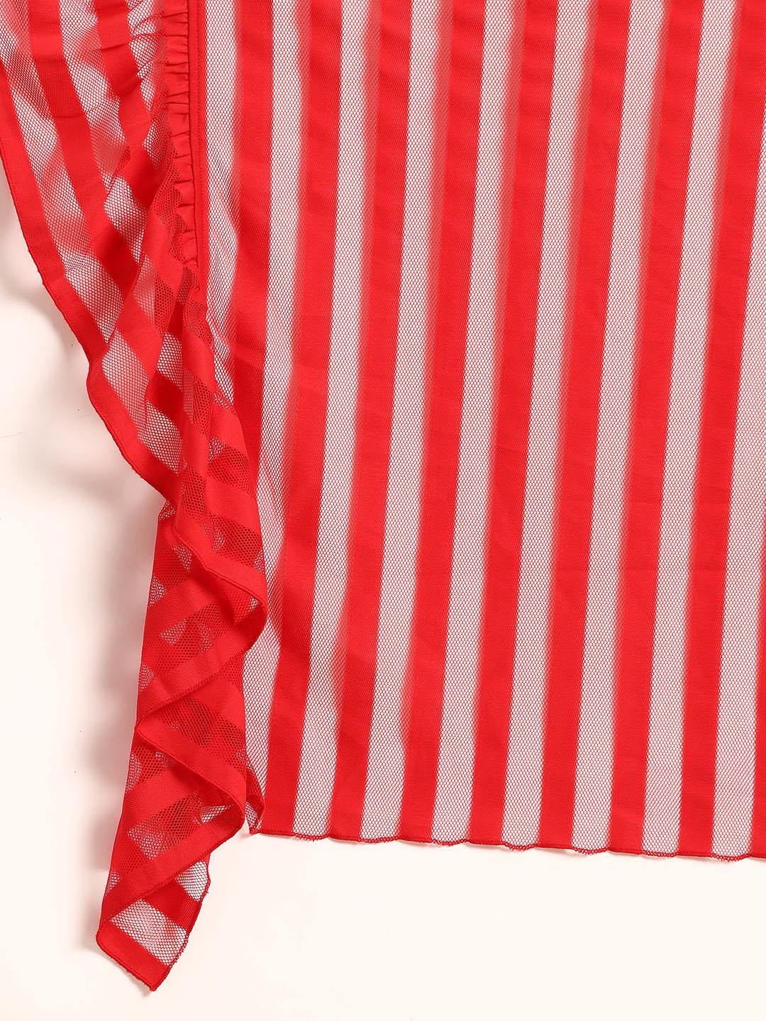 Ahalyaa Striped Net Ready To Wear Saree with Stitched Blouse - Red