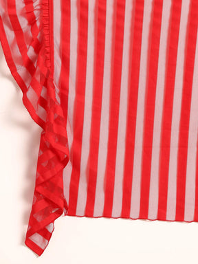 Ahalyaa Striped Net Ready To Wear Saree with Stitched Blouse - Red