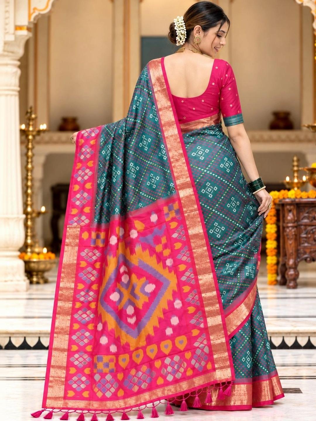 Ahalyaa Zari Silk Blend Pochampally Saree - Teal