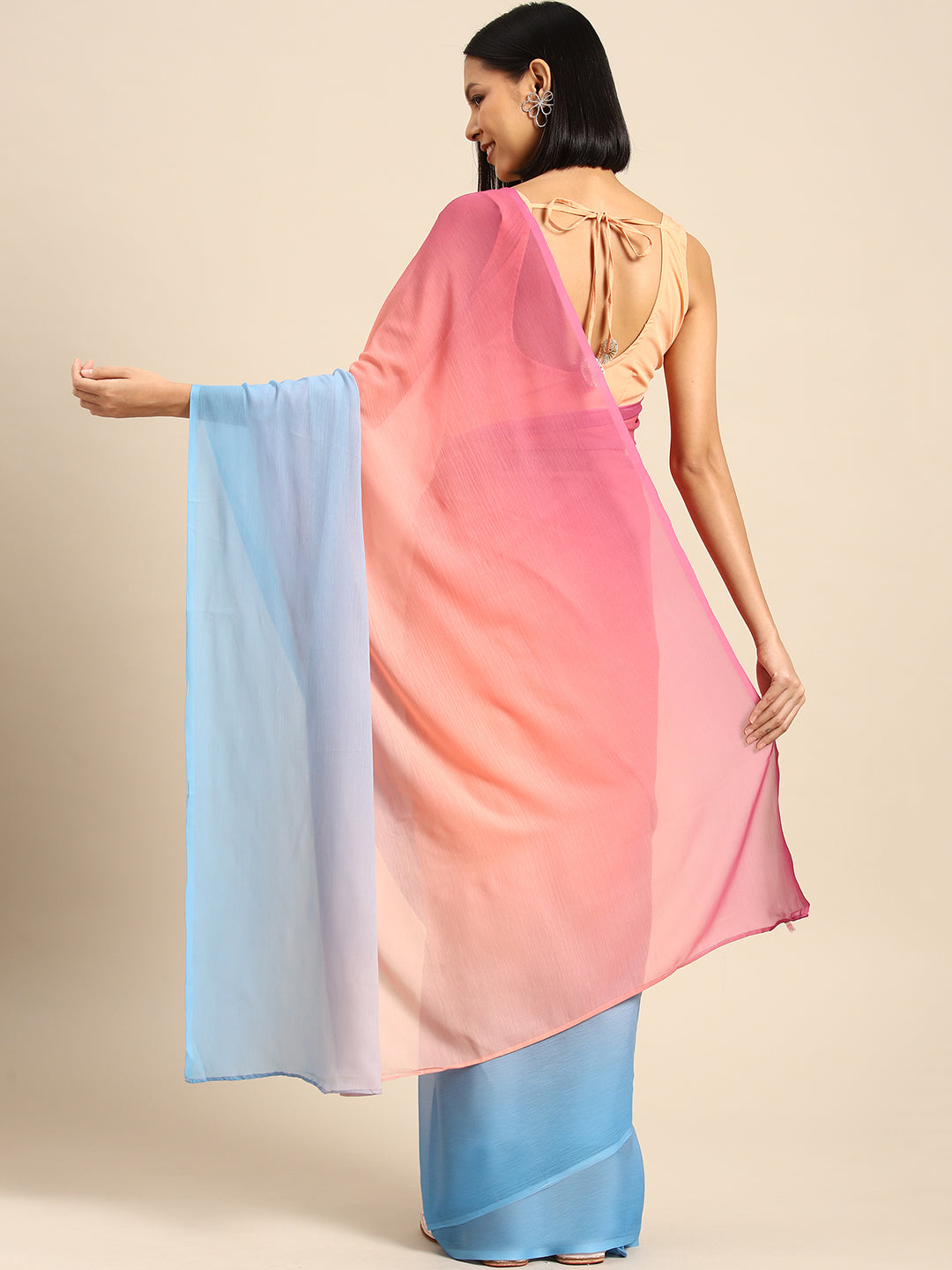 Pink & Blue Ombre Dyed Poly Chiffon Saree