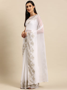 White Zari Printed Ready to Wear Saree