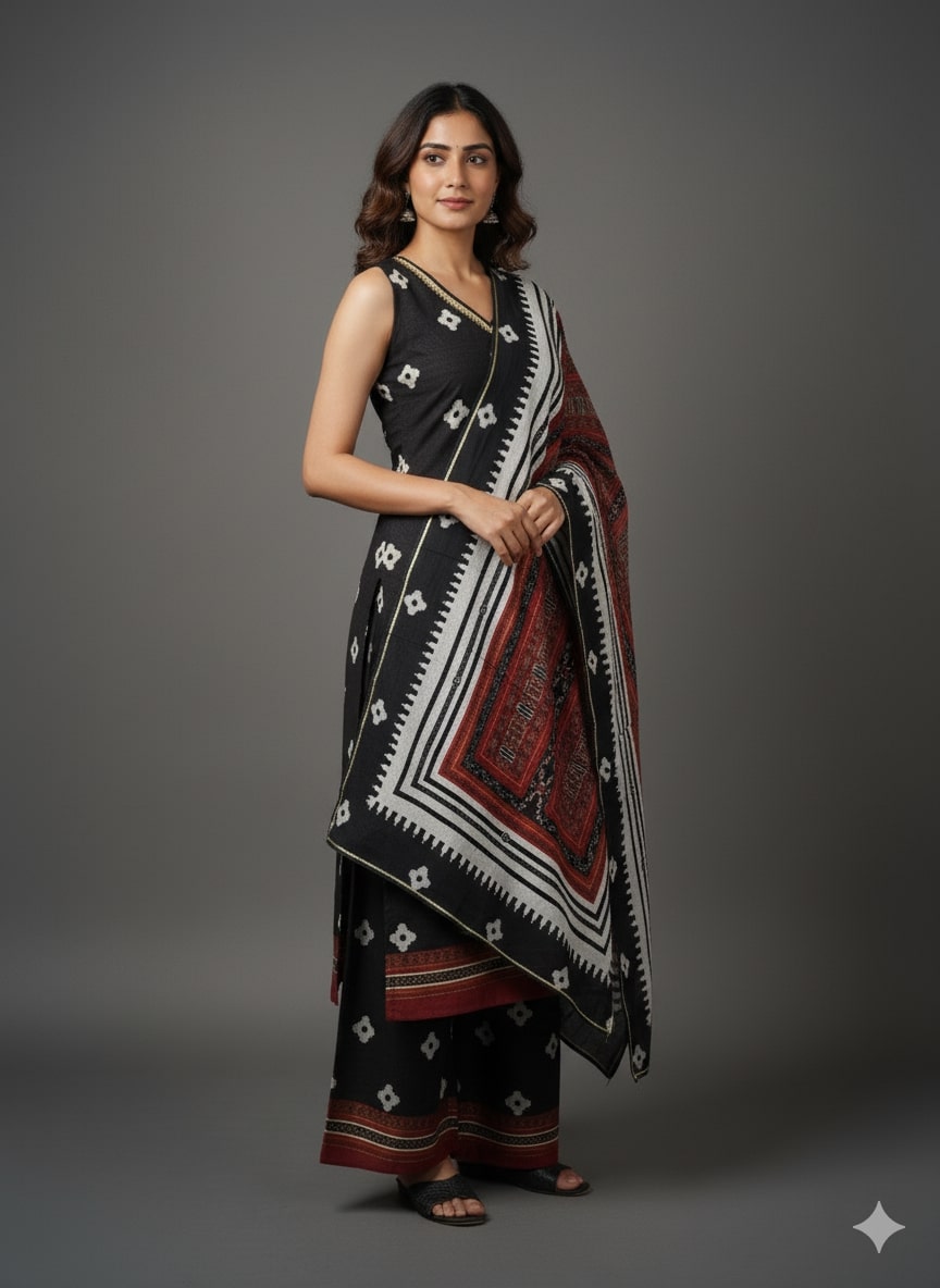 Geometric Printed V-Neck Sleeveless Straight Kurta With Palazzos & Dupatta