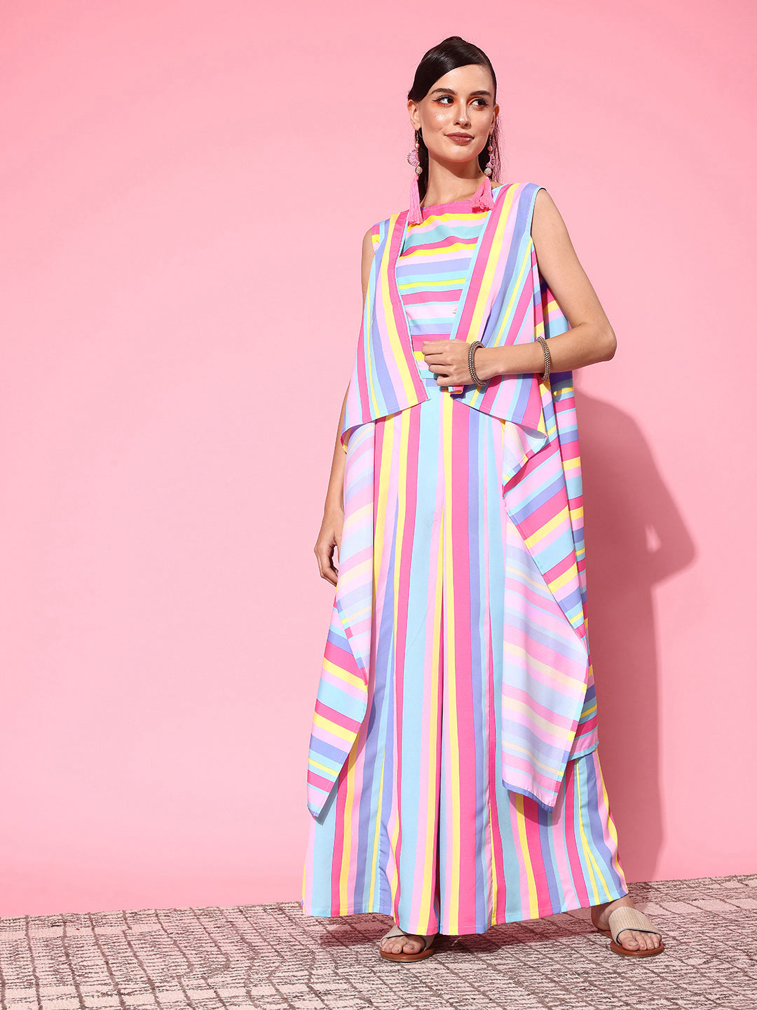 Multi Colour Striped Top with Palazzos & With Shrug