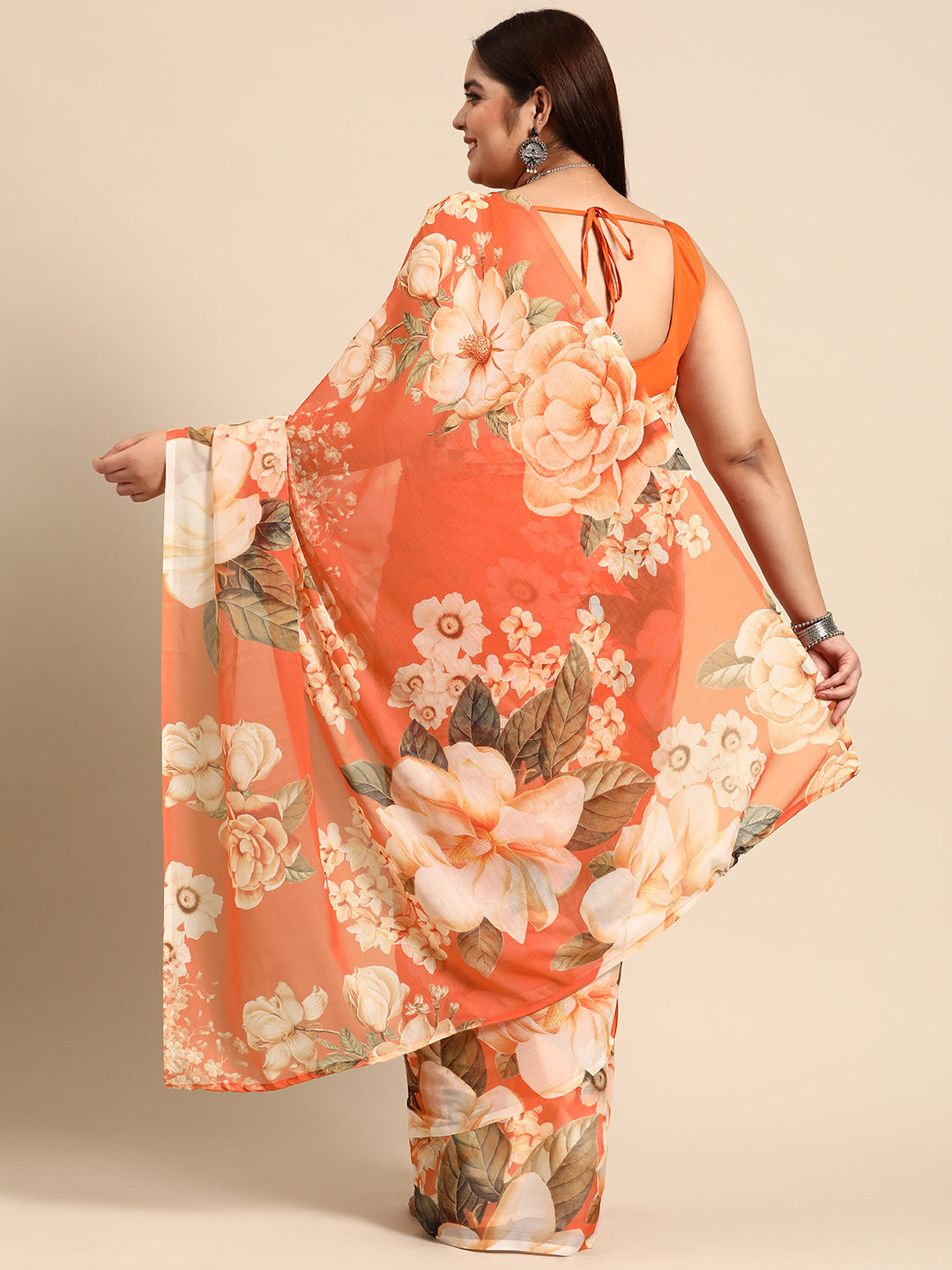 Orange and Cream Plus Size Floral Poly Chiffon Saree