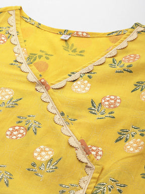 Mustard Yellow & Green Floral Printed Embellished Pure Cotton Tunic