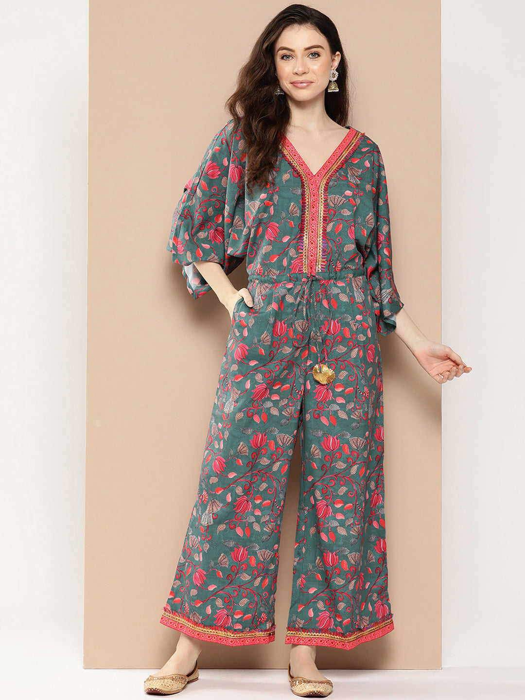Green & Pink Printed Jumpsuit with Lace Inserts