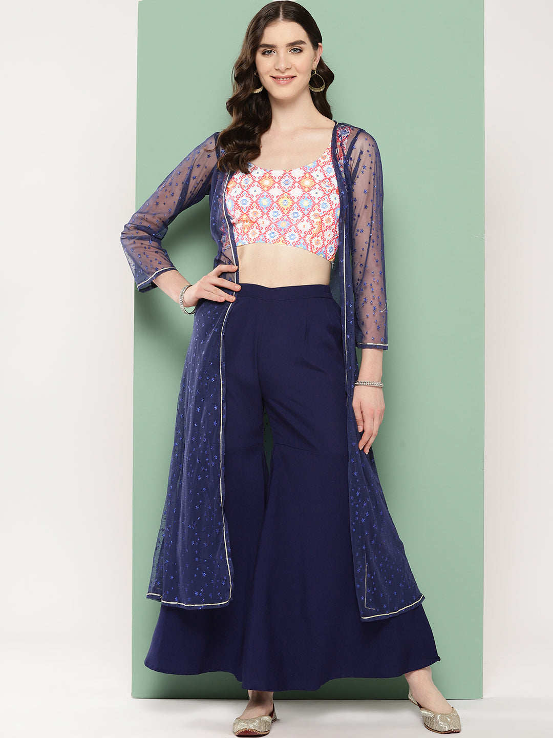 Women's Multicoloured Printed Crop & Sharara Set Co-Ords with Shrug