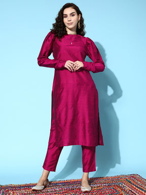 Burgundy Solid Straight Kurta with Trousers