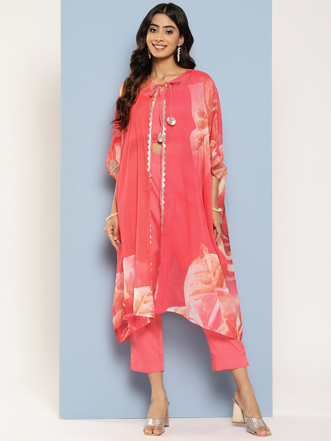Coral Solid Top with Palazzos & Printed Shrug