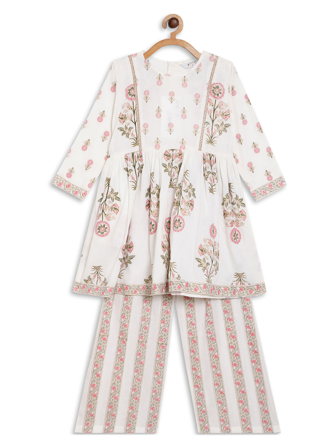 Off White Floral Printed Pure Cotton Girls Kurta with Palazzos