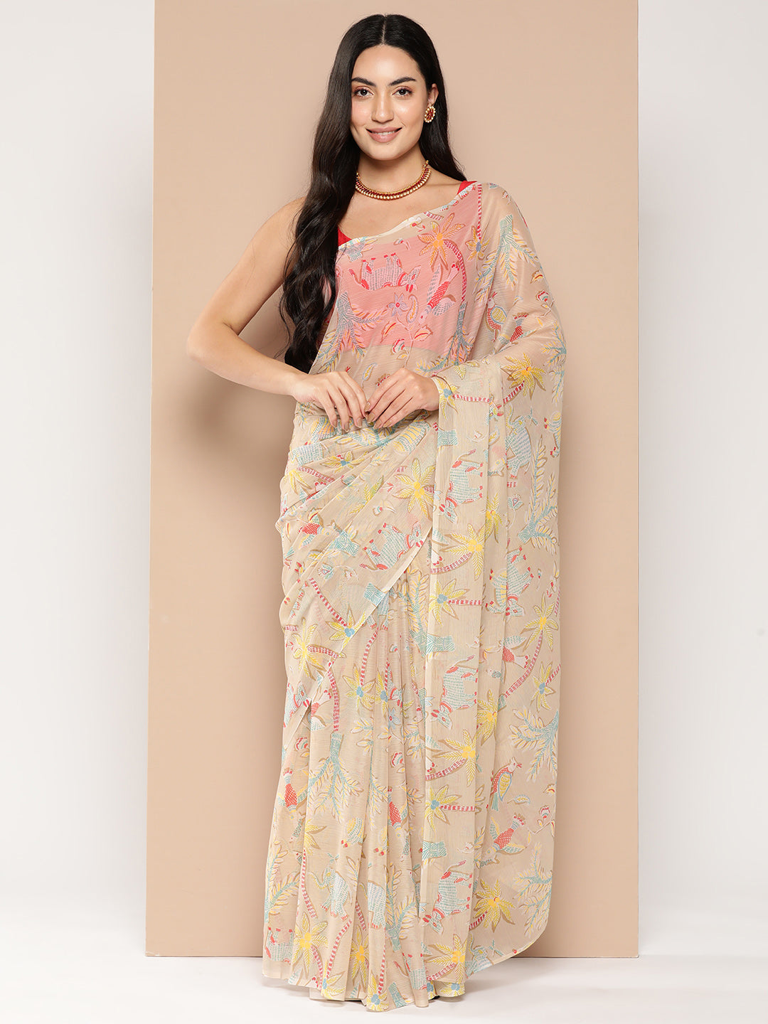 Beige Floral Printed Poly Chiffon Saree
