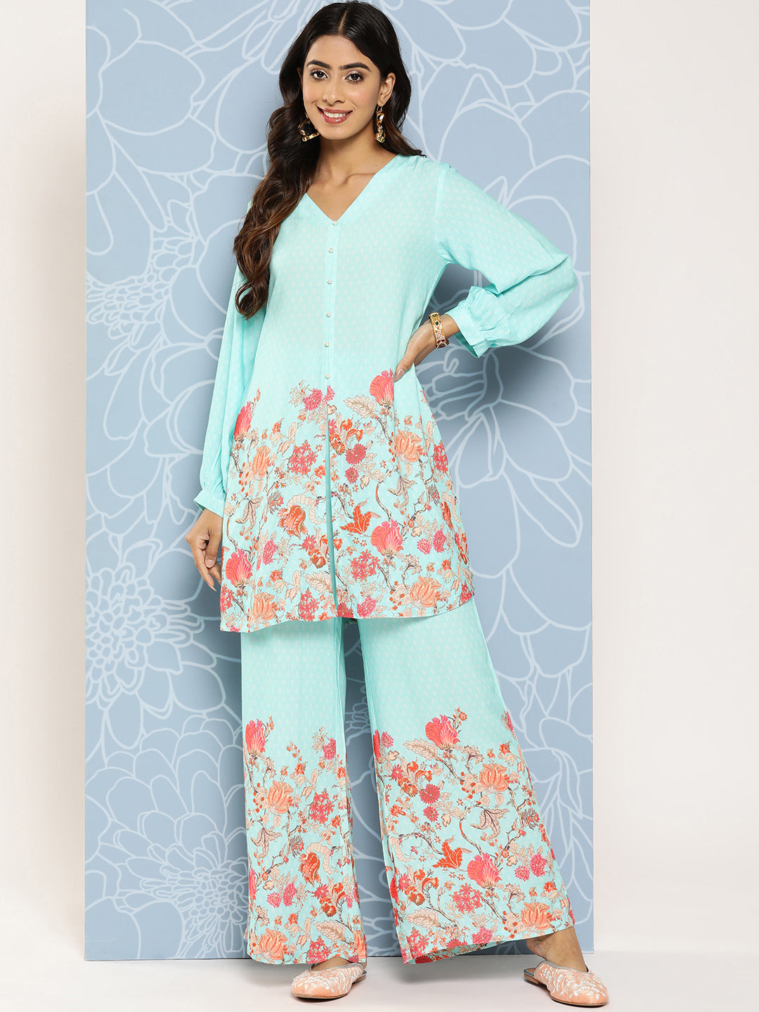 Blue Floral Printed Ethnic Co-Ords