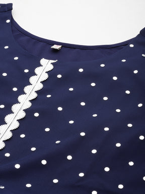 Navy Blue Polka Dot Print Net A-Line Maxi Dress