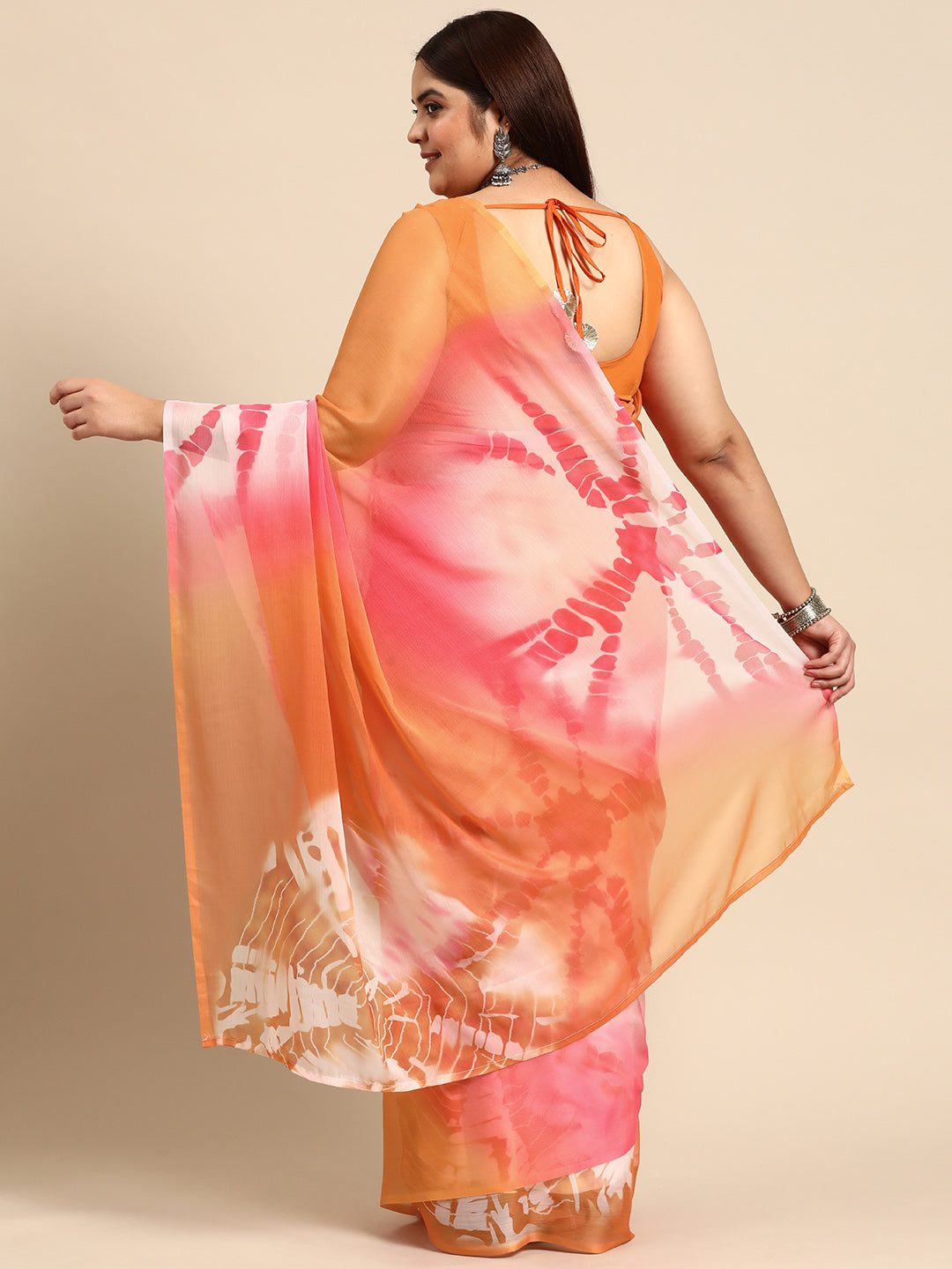 Orange & Pink Plus Size Tie and Dye Poly Chiffon Saree