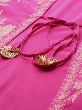Pink & Gold Floral Print Layered A-Line Maxi Dress