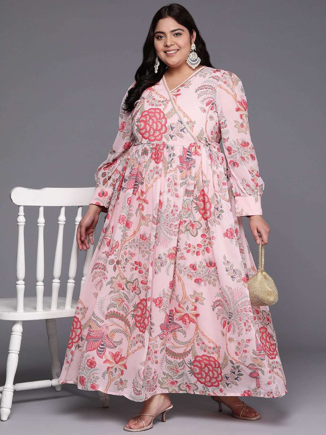 Plus Size Floral Printed Wrap Maxi Ethnic Dress