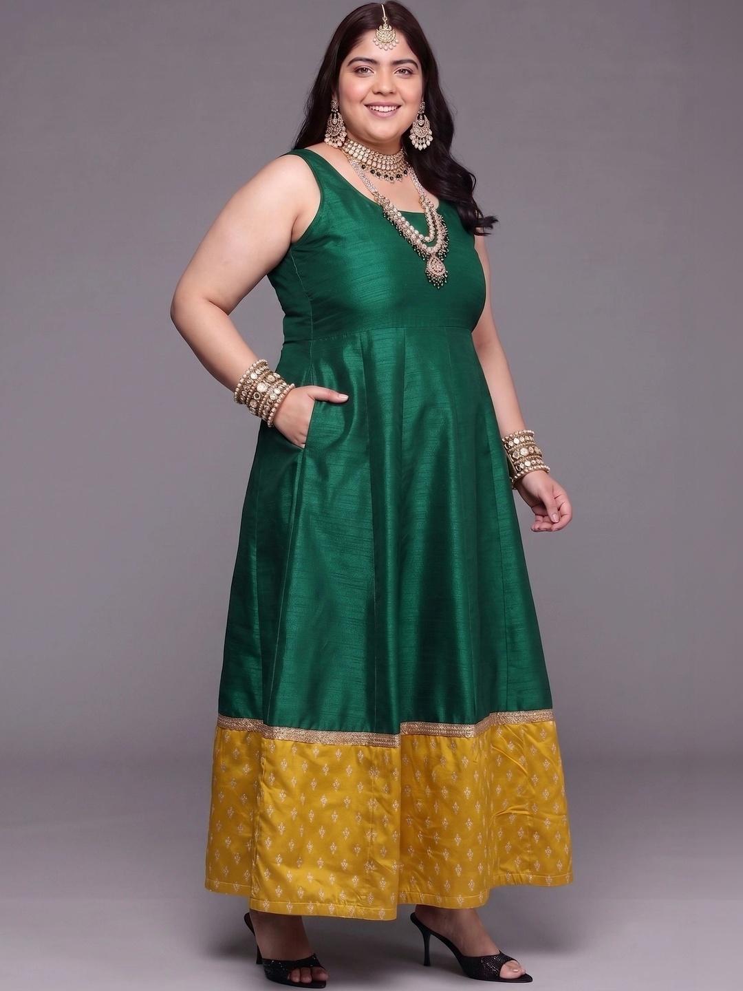 A PLUS BY AHALYAA Printed Round Neck Fit & Flared Ethnic Dresses - Green