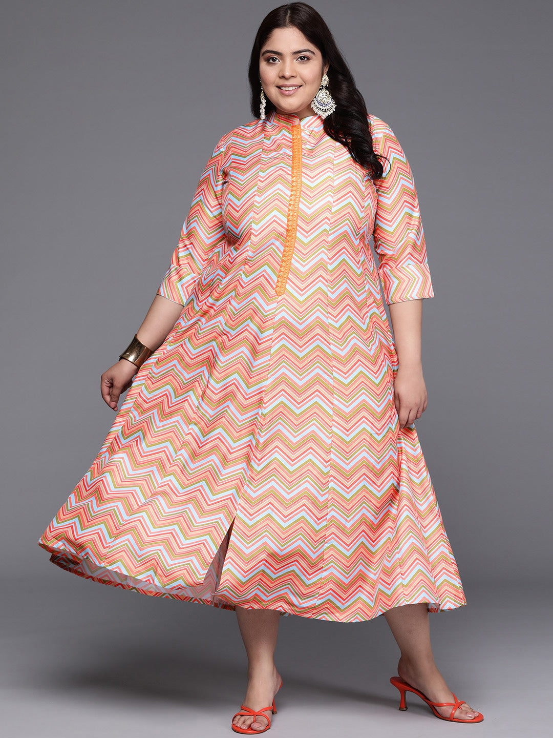 Plus Size Chevron Printed Mandarin Collar Midi Ethnic Dress
