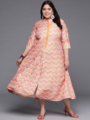 Plus Size Chevron Printed Mandarin Collar Midi Ethnic Dress