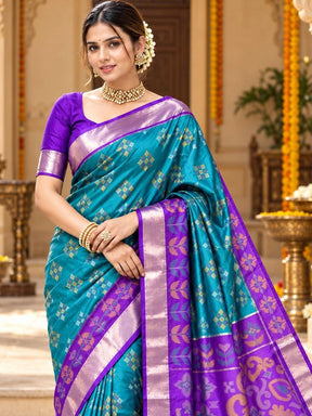 Ahalyaa Woven Design Zari Silk Blend Designer Pochampally Saree - Teal
