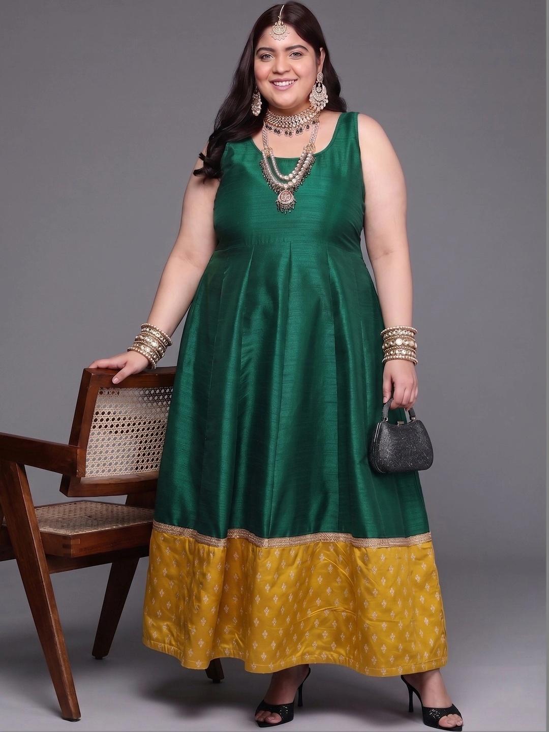 A PLUS BY AHALYAA Printed Round Neck Fit & Flared Ethnic Dresses - Green