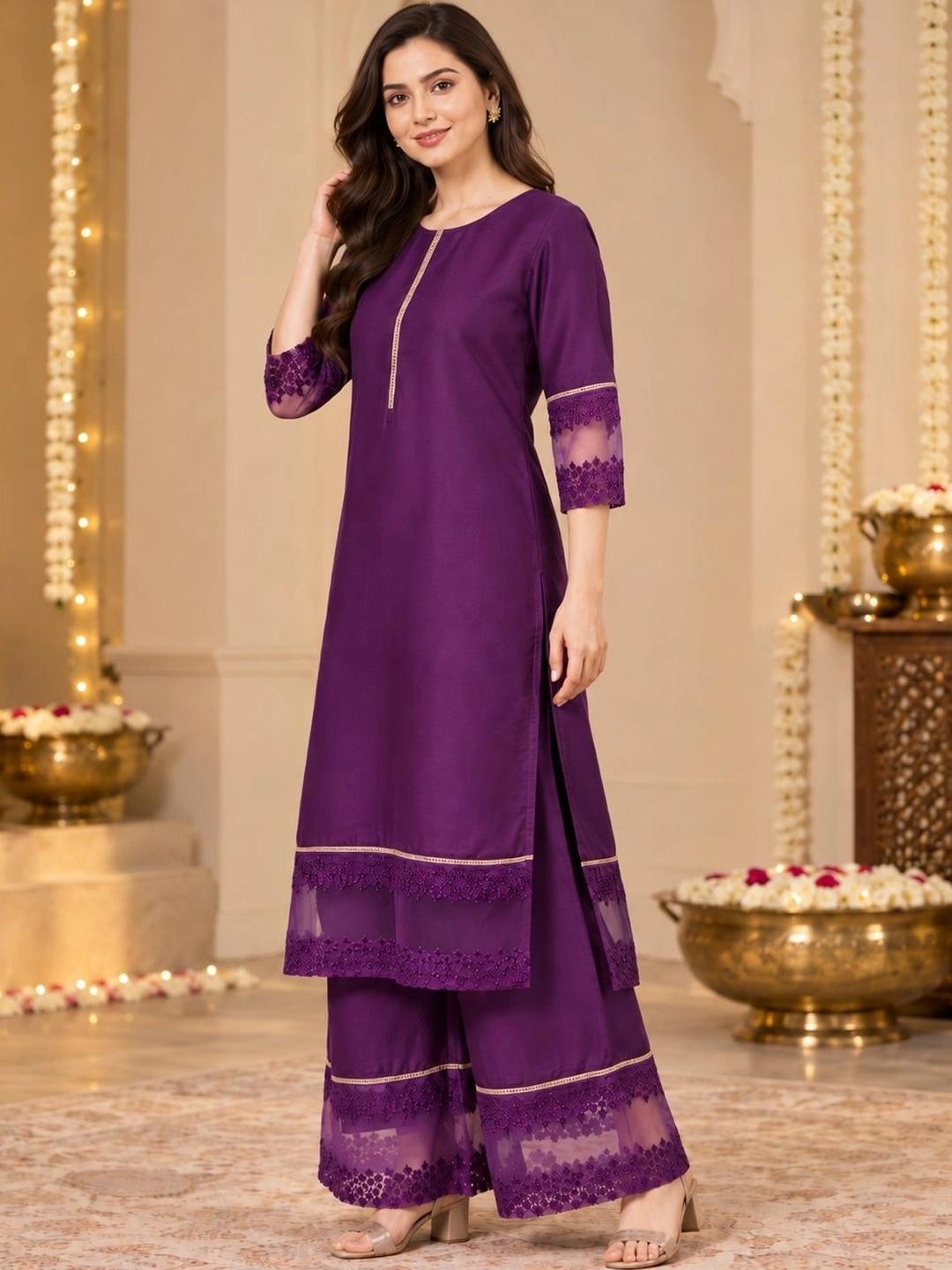 Ahalyaa Purple Solid Kurta Palazzo Set