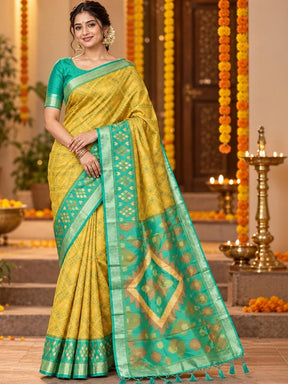 Ahalyaa Woven Design Zari Silk Blend Pochampally Saree - Yellow
