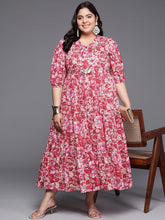 Plus Size Floral Printed Puff Sleeves Pure Cotton Maxi Ethnic Dress