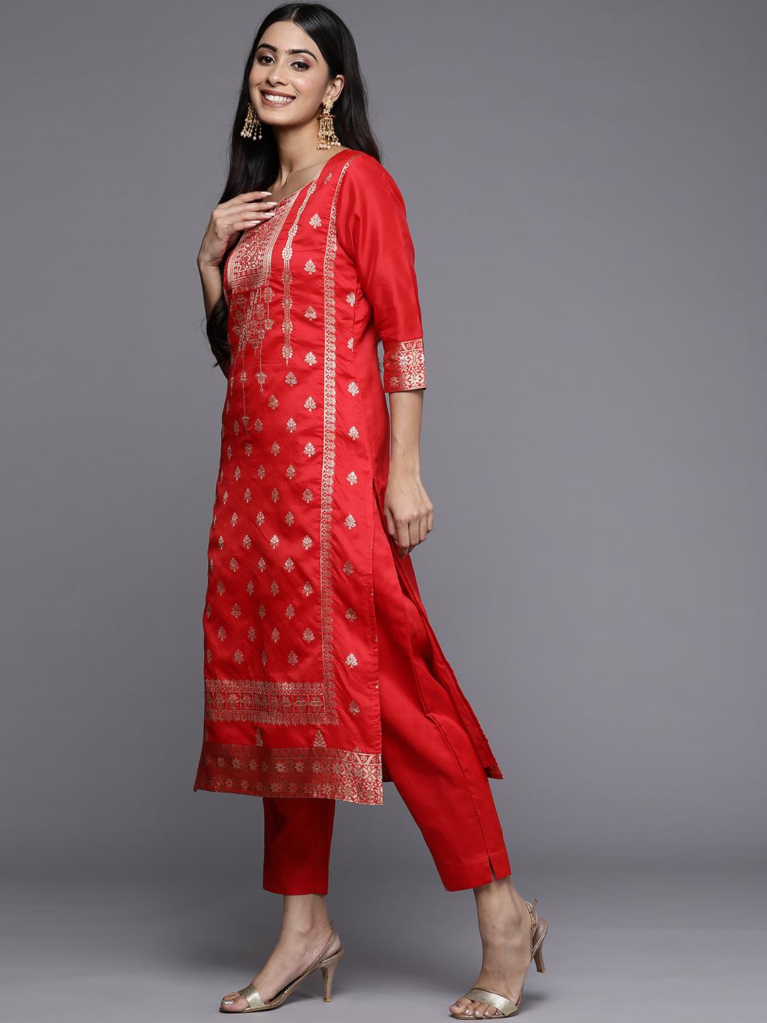 Ahalyaa Women Red Ethnic Motifs Kurta with Trousers - Red