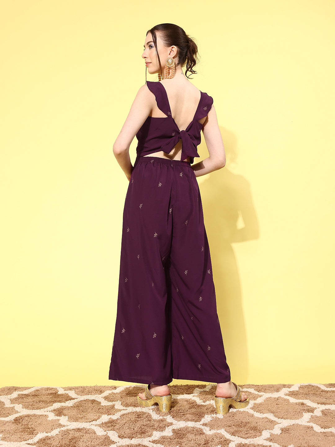 Burgundy Printed Jumpsuit with Ruffles