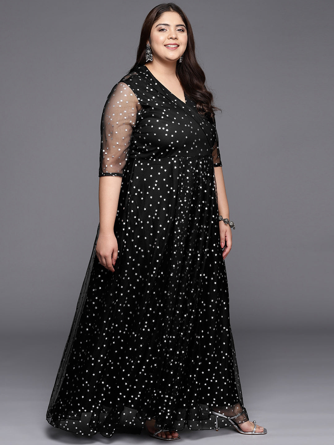A PLUS BY AHALYAA Plus Size Printed Net V-neck Maxi Ethnic Dress