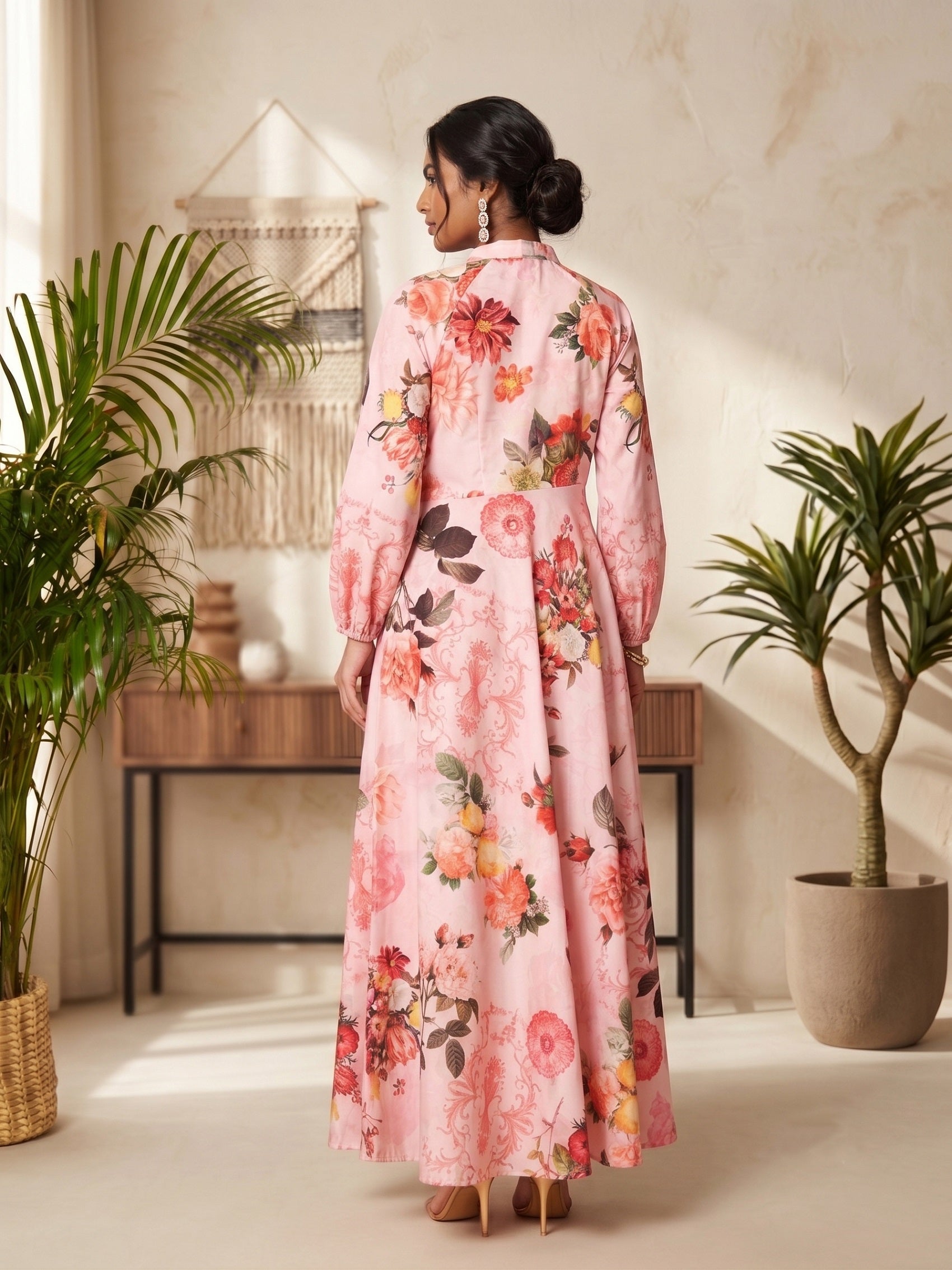 Printed Tie-Up Neck Fit and Flare Maxi Dress