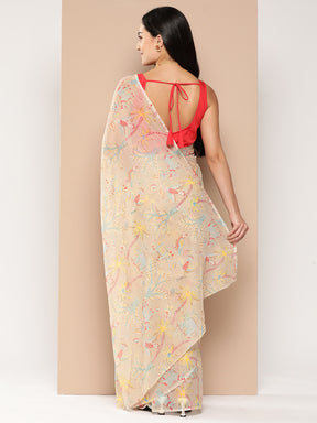 Beige Floral Printed Poly Chiffon Saree