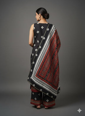 Geometric Printed V-Neck Sleeveless Straight Kurta With Palazzos & Dupatta