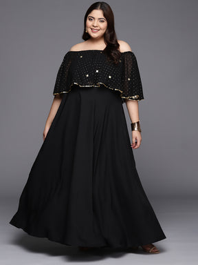Black & Gold Plus Size Off-Shoulder Maxi Ethnic Dress