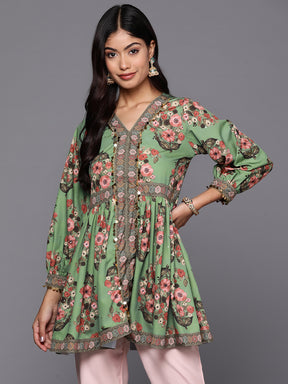 Green & Pink Floral Printed Tunic