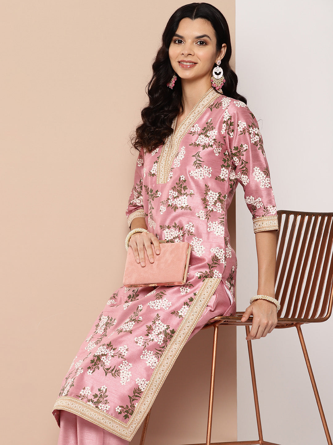 Pink Floral Printed Kurta with Trousers