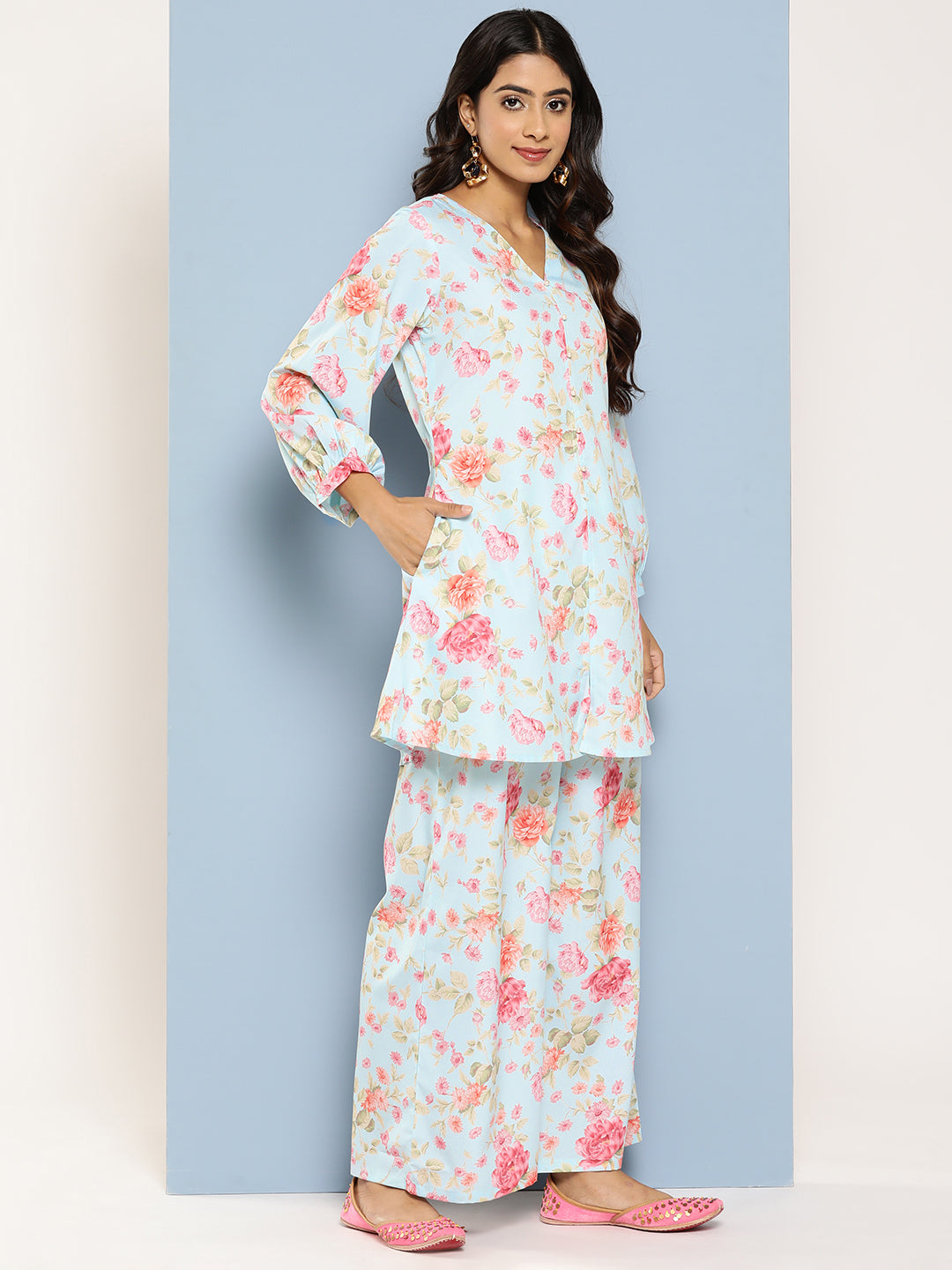 Turquoise Blue Floral Printed Regular Tunic with Palazzos