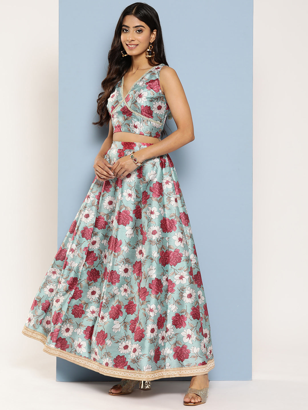 Blue Floral Printed Ready to Wear Lehenga & Blouse With Dupatta