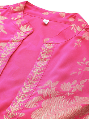 Pink Solid Crop Top with Palazzos and Printed Shrug