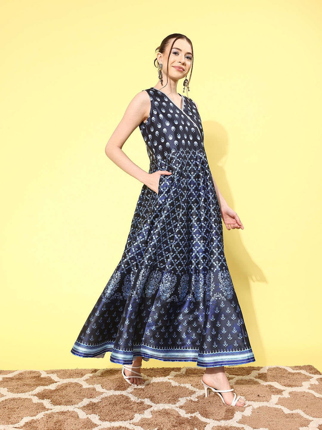 Navy Blue Floral Printed Maxi Ethnic Dress