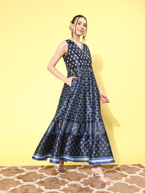 Navy Blue Floral Printed Maxi Ethnic Dress