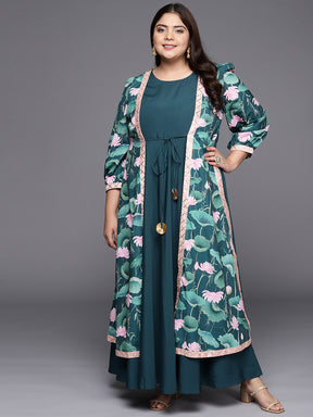 Green Floral Printed Plus Size Maxi Ethnic Dress