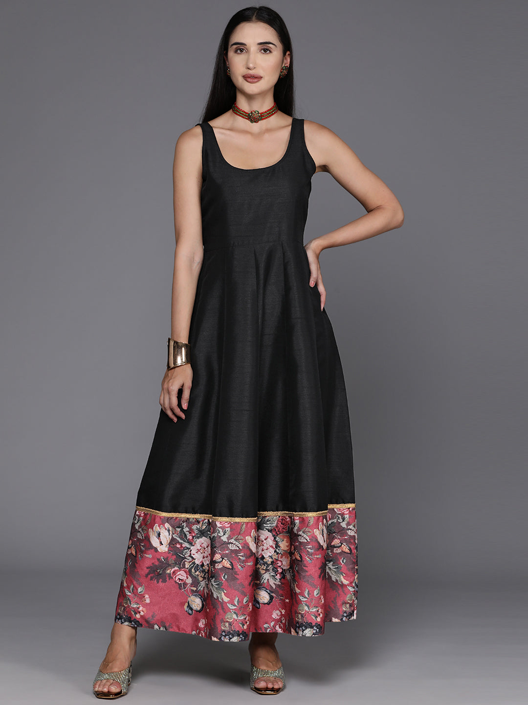 Black Floral Print A-Line Maxi Dress