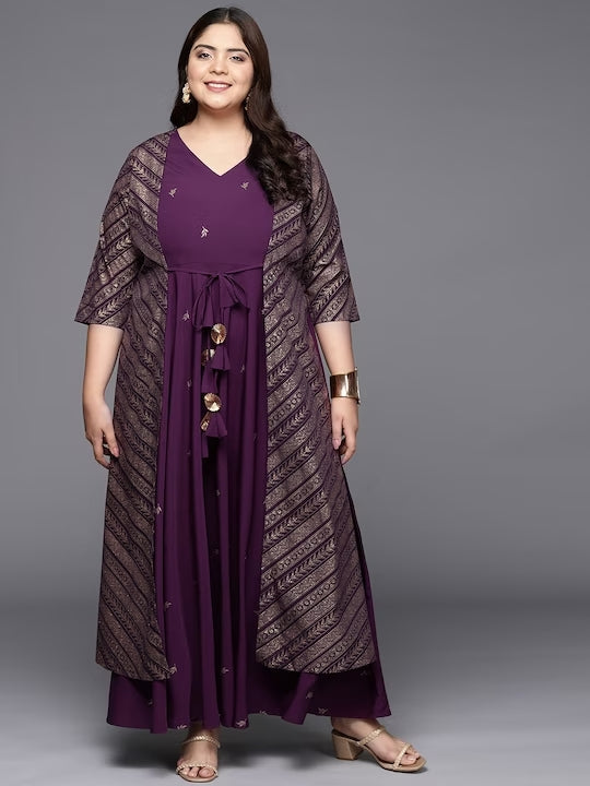 A PLUS BY AHALYAA Plus Size V-neck Maxi Ethnic Dress